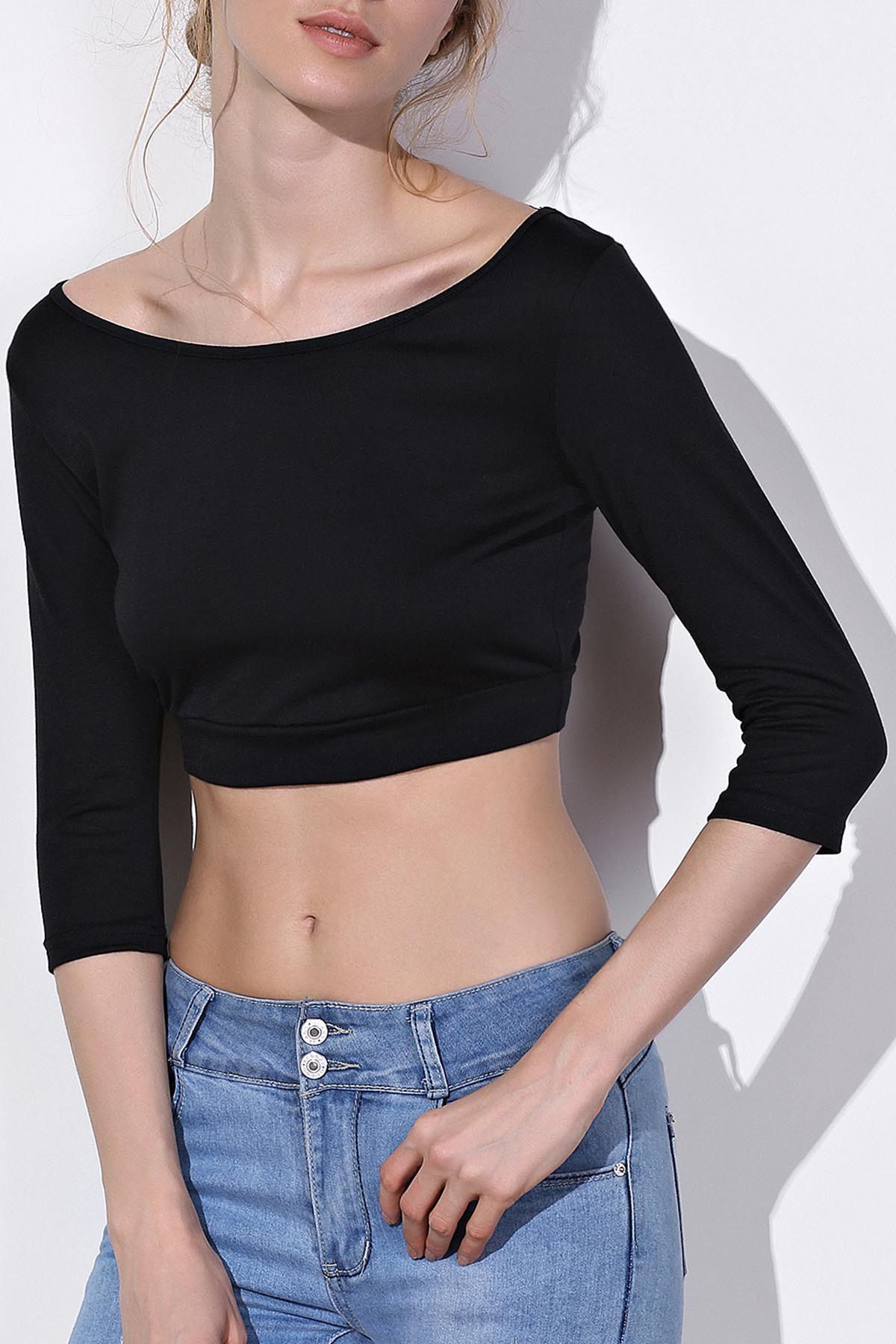 Sexy Black Scoop Neck 3/4 Sleeve Bodycon Short T-Shirt For Women