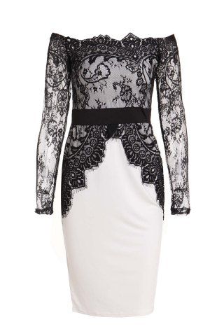 Alluring Slash Collar Long Sleeve See-Through Spliced Women's Dress - WHITE/BLACK L
