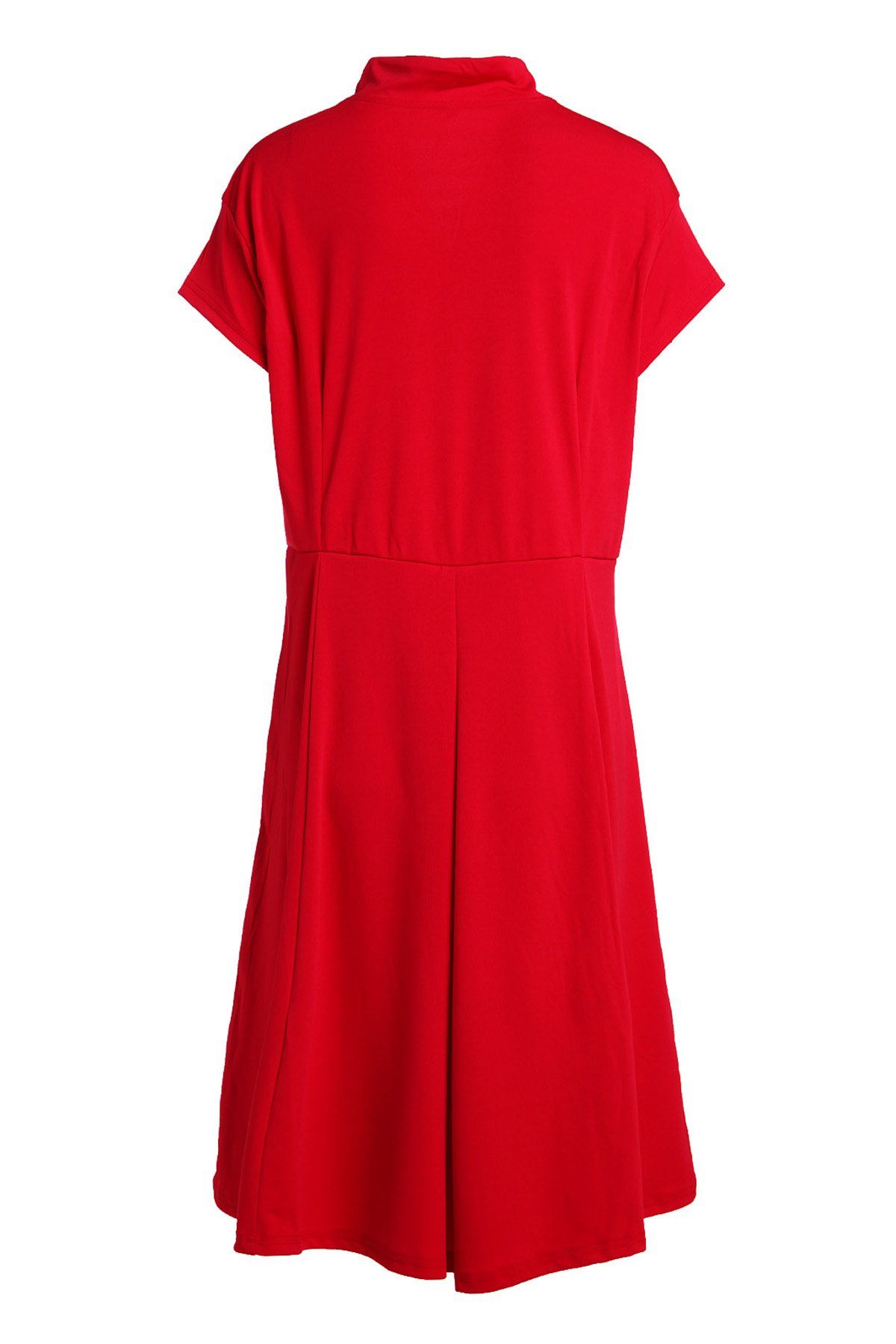 Red Vintage Stand Collar Solid Color Pleated Midi Dress For Women ...