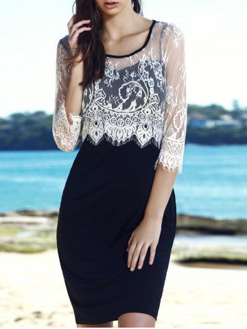 Scoop Neck Lace Panel Bodycon Dress - WHITE/BLACK M