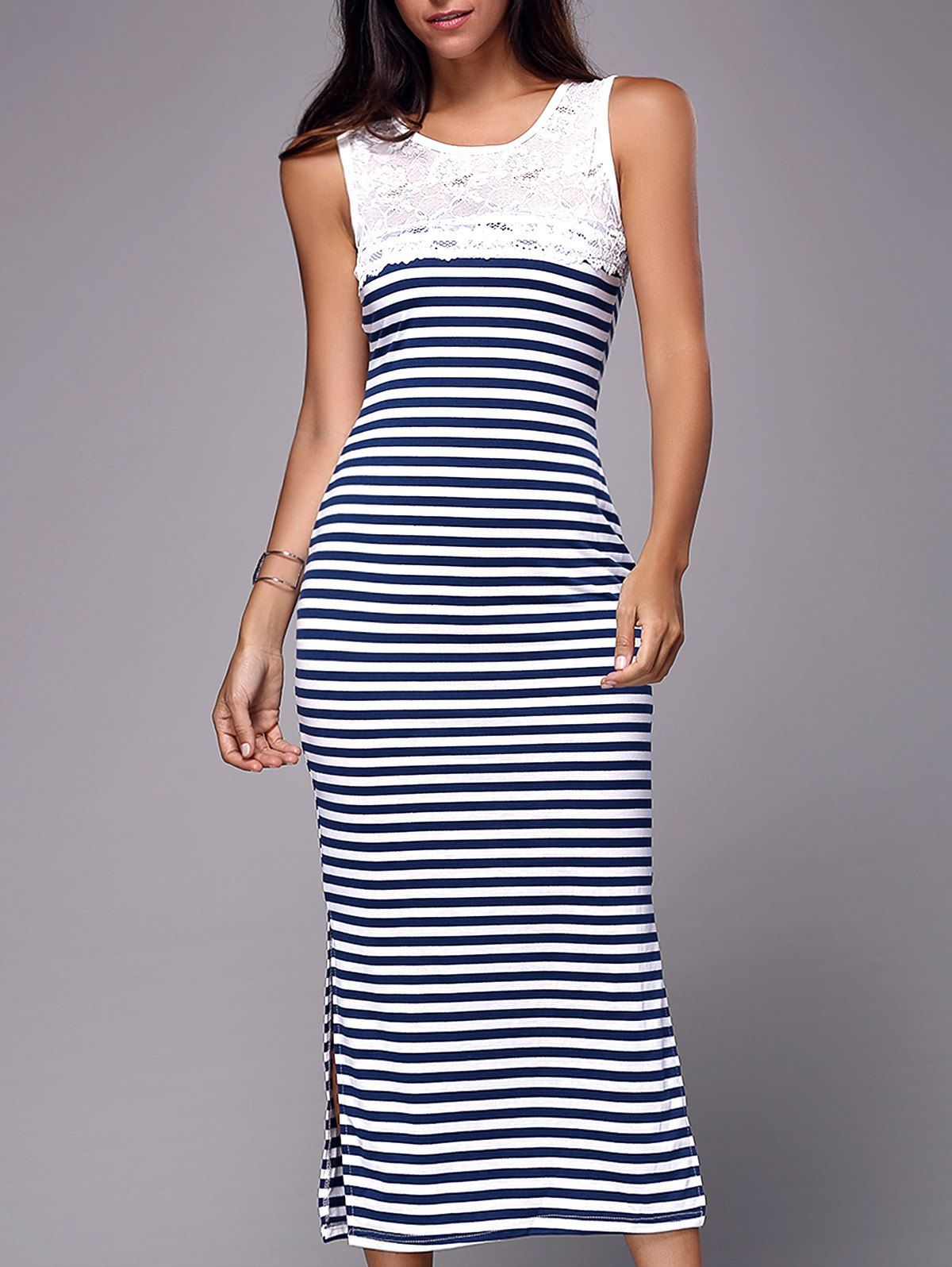Stripe Lace Panel Slit Midi Sheath Dress | RoseGal.com