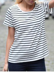 Casual Cuffed Sleeve Striped Pullover T-Shirt For Women - STRIPE XL