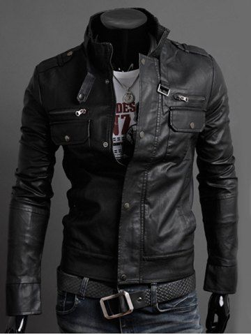 Sale Stand Collar PU-Leather Belt Embellished Epaulet Long Sleeve Jacket For Men BLACK M