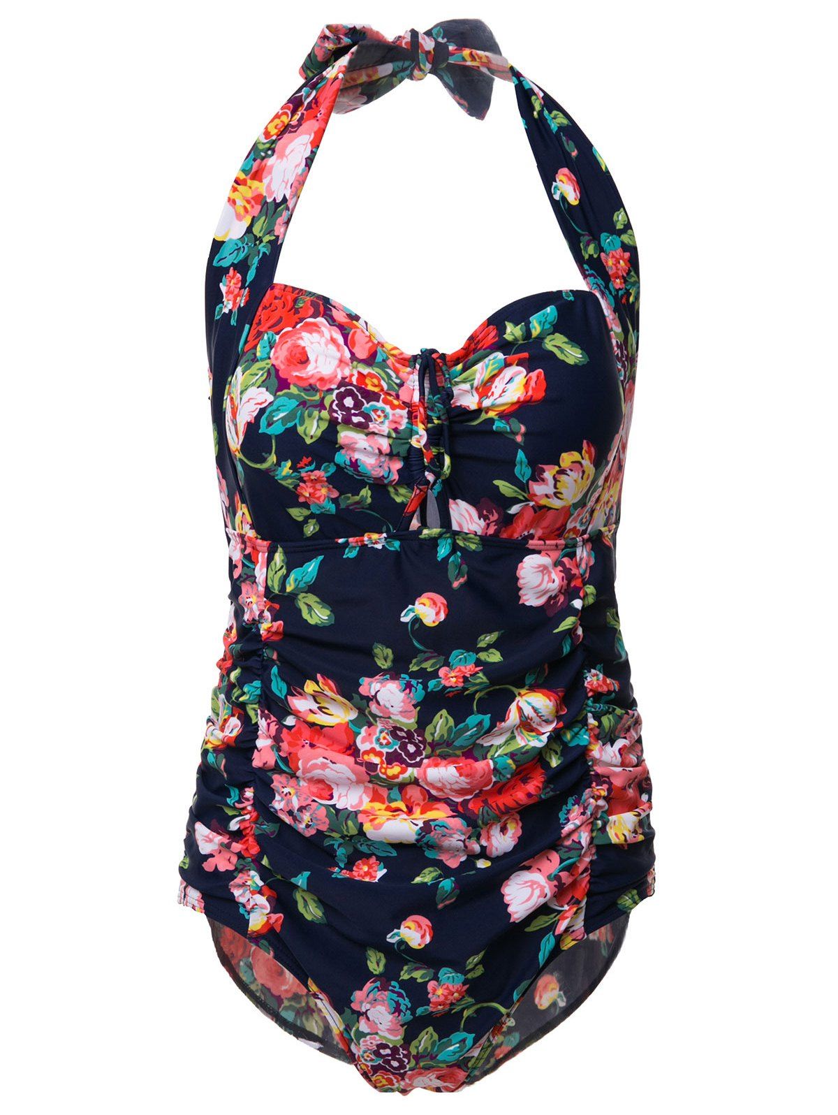 Deep Blue Sexy Floral Print Plus Size Cut Out One-piece Swimsuit For ...