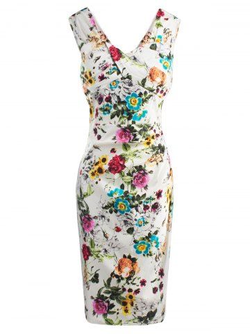 Trendy Floral Print Waisted Zipper V Neck Midi Bodycon Dress WHITE S