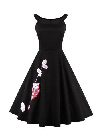 Fashion Floral Embroidered Waisted Corset Cocktail Dress BLACK XL