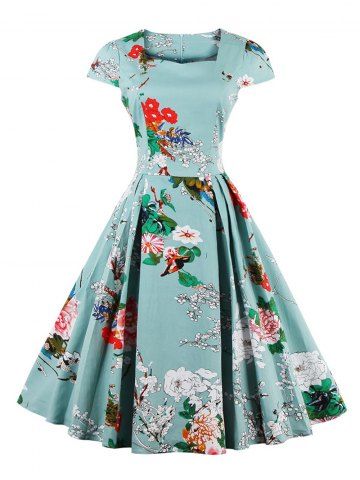 Retro Sweetheart Neck Cape Sleeve Floral Print Flare Dress - LIGHT BLUE M