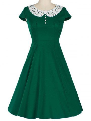 Outfits Retro Lace Spliced Faux Collar Fit and  Flare Dress GREEN XL