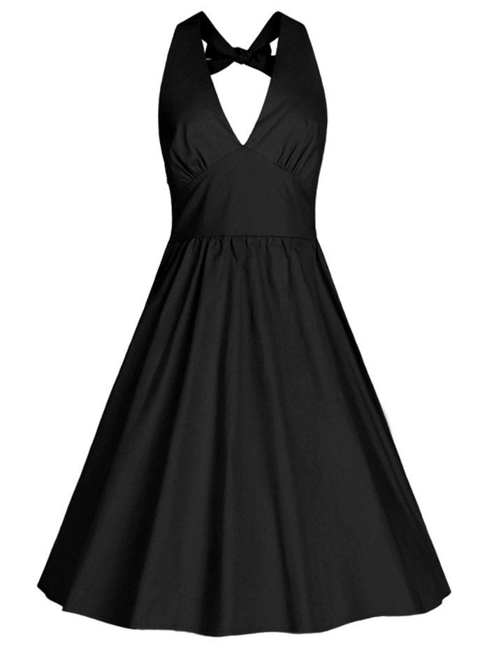 Black Charming Pure Color Back Bowknot Dress For Women | RoseGal.com