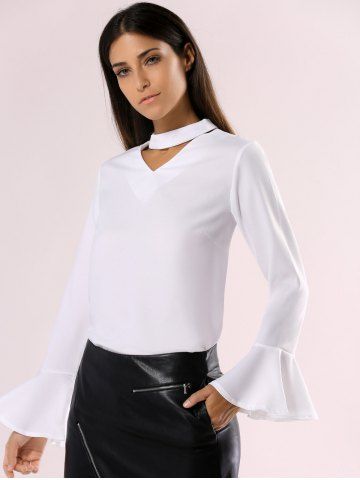 Elegant Cut Out Choke Collar Bell Sleeve Pure Color Chiffon Blouse - Rosegal.com