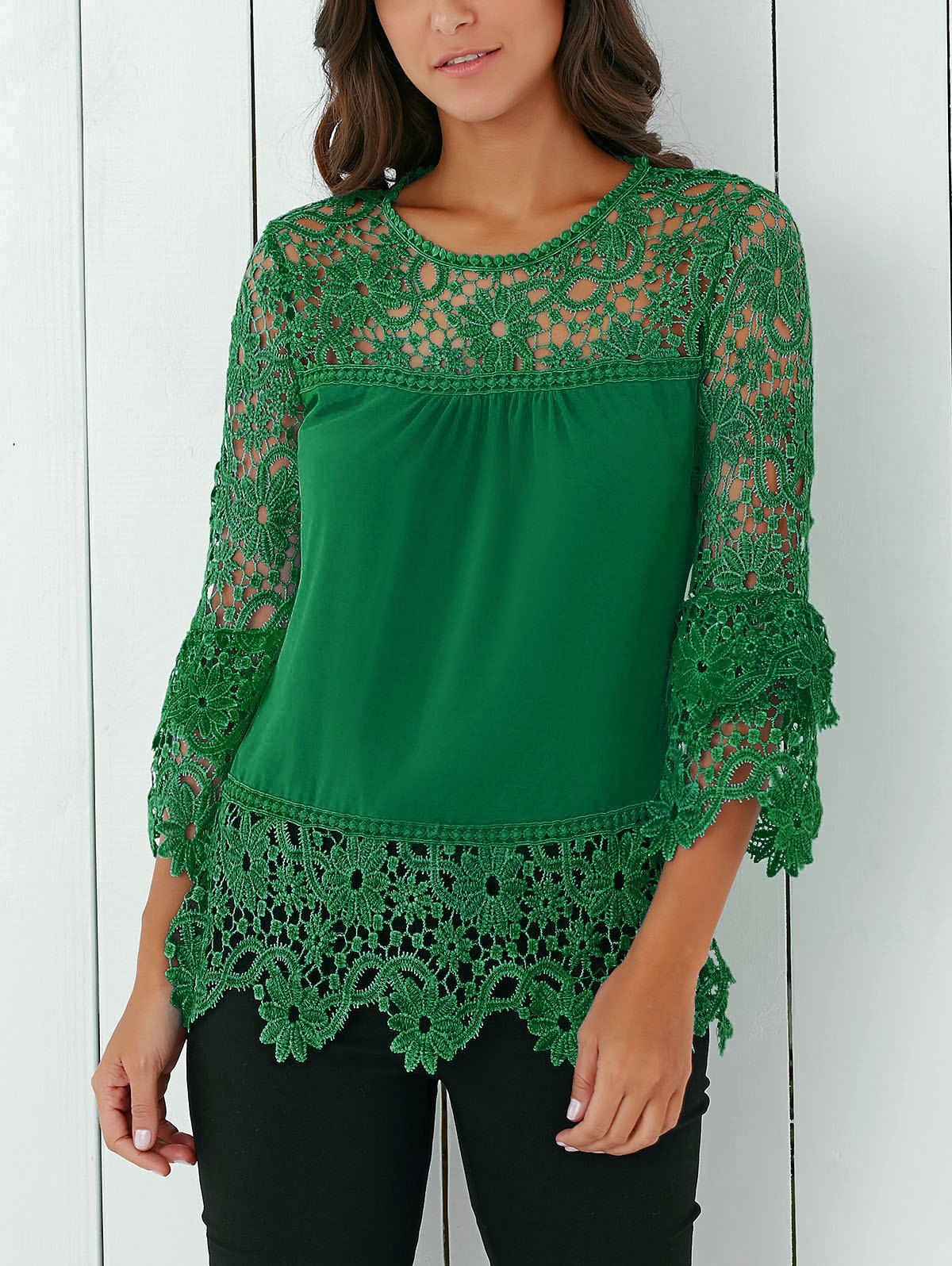Green Lace Insert Crochet Lace Blouse | RoseGal.com