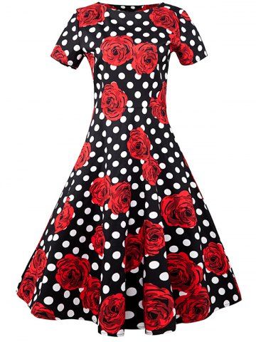Floral Polka Dot A Line Vintage Dress - BLACK/WHITE/RED XL