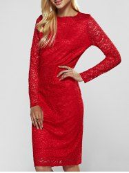 Lace Long Sleeve Sheath Evening Cocktail Dress - RED M