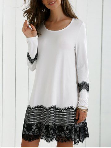 Lace Splicing Spring Casual Long Sleeve Dress - WHITE/BLACK XL