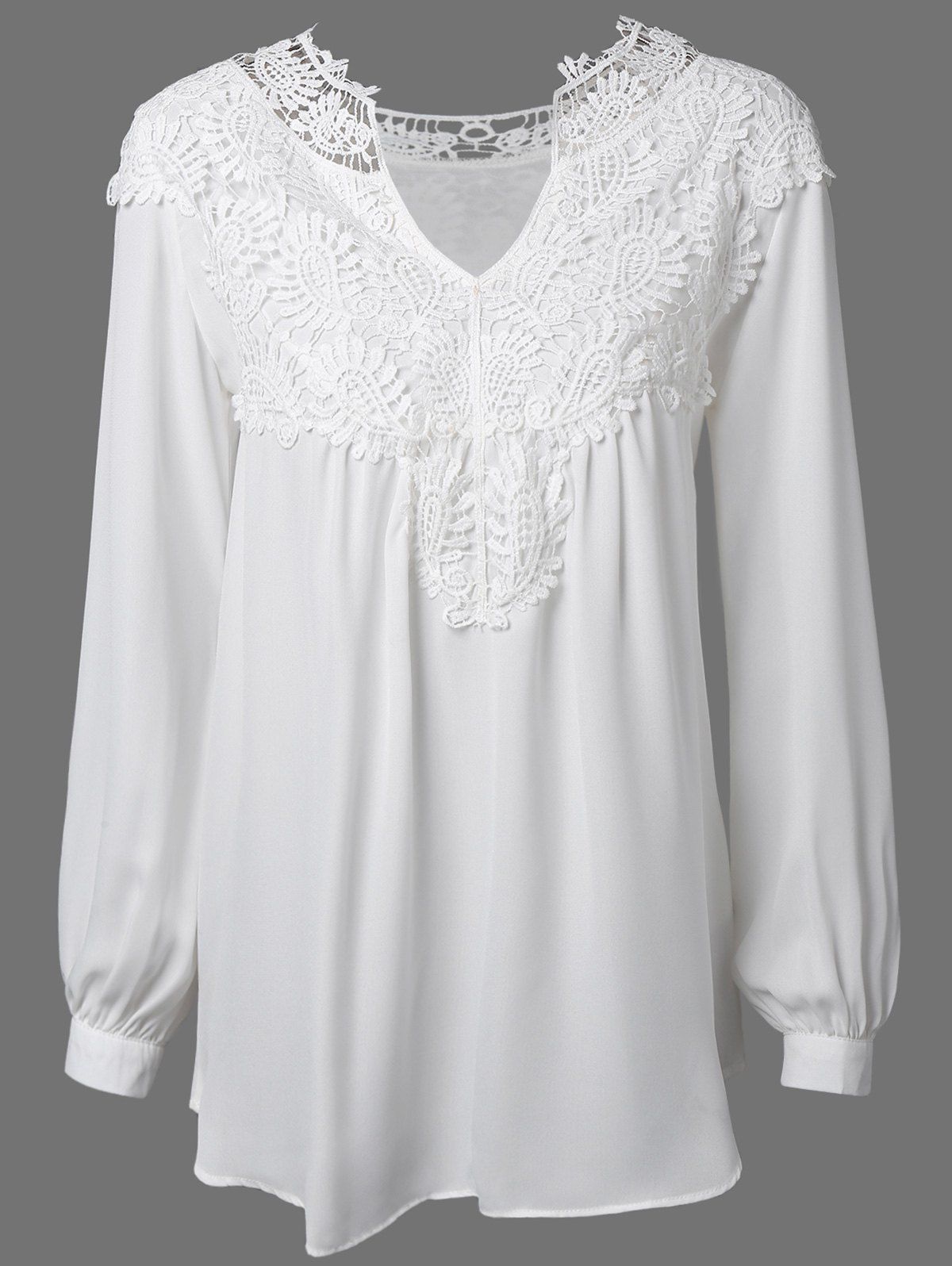 White Long Sleeve Crochet Detail Blouse | RoseGal.com