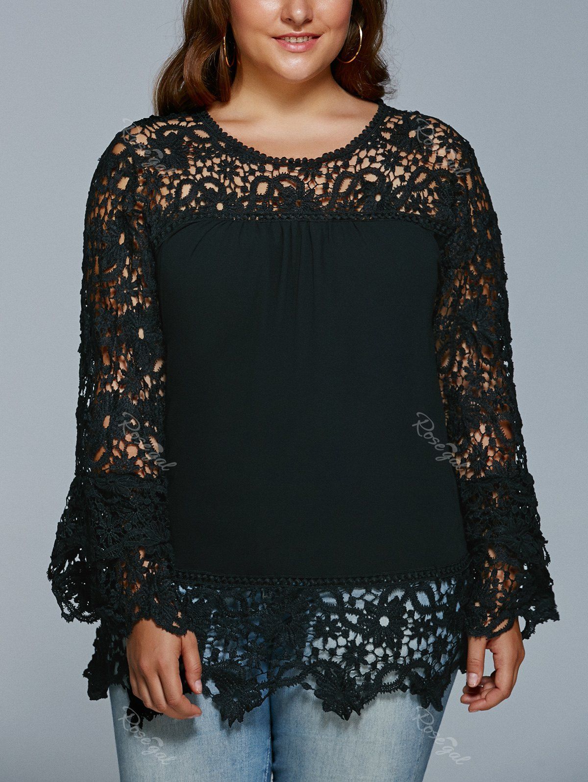 Black Lace Spliced Hollow Out Plus Size Blouse | RoseGal.com