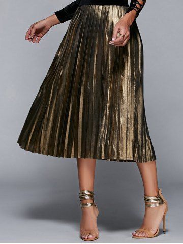High Waisted Gilding Pleated Midi Skirt - Rosegal.com