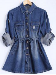 Button Down Denim Casual Shirt Dress - BLUE XL