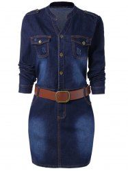 Buttoned Long Sleeve Plus Size Denim Dress - BLUE 3XL
