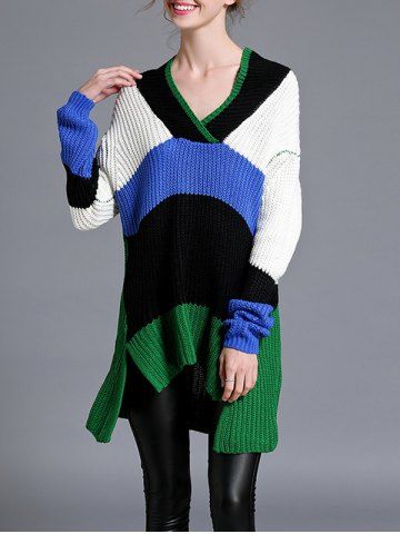 Color Block High Low Pullover Sweater - Rosegal.com
