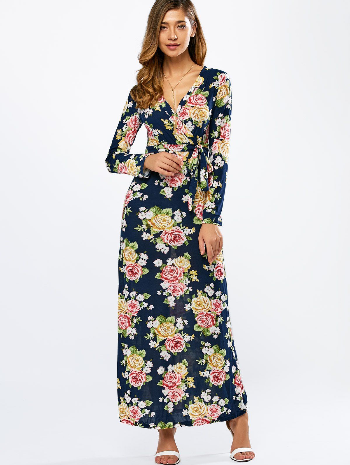 Purplish Blue Long Sleeve Floral Wrap Maxi Dress | RoseGal.com