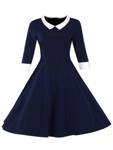 Retro Flat Collar Flare Dress - PURPLISH BLUE XL