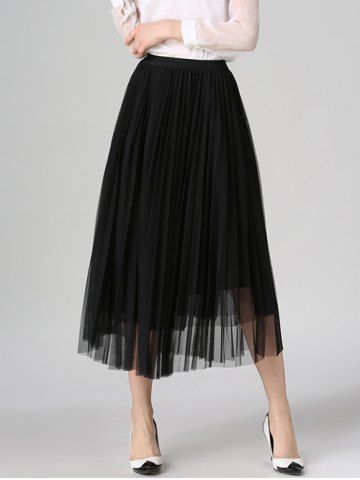 Black One Size Tulle Pleated Midi A-line Skirt | RoseGal.com