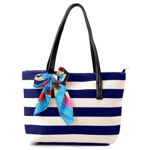 Unique Colour Block Stripe Canvas Beach Bag DEEP BLUE 