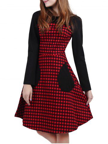 Fashion Plaid Pocket Fit and Flare Dress RED XL