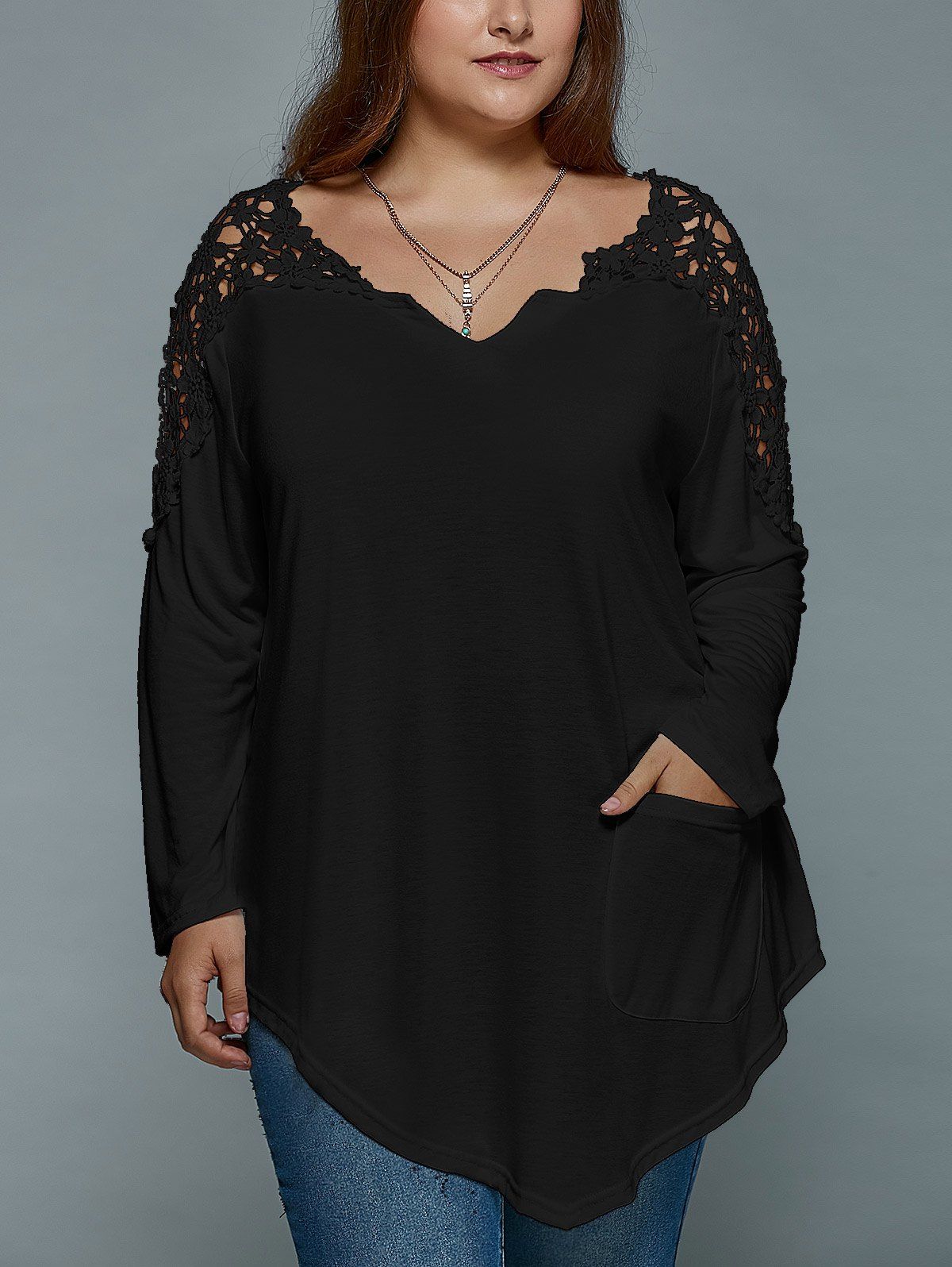 Black Plus Size Lace Spliced Asymmetric T-shirt | RoseGal.com