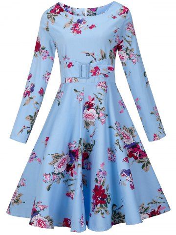 Flower Print Zippered Vintage Dress - BLUE S
