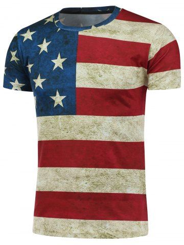 Trendy Short Sleeve Crew Neck Distressed American Flag T-Shirt COLORMIX 2XL
