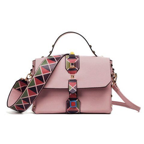Studded Handbag with Geometric Print Strap - PINK 