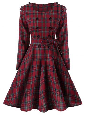 Cheap Vintage Buttons Epaulette Checked Dress RED 2XL