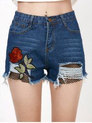 Rose Embroideried Ripped Jean Shorts with Fishnet - DENIM BLUE M