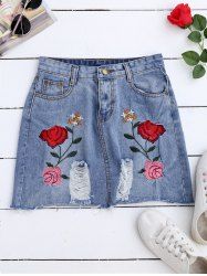 Rose Embroideried A Line Ripped Jean Skirt