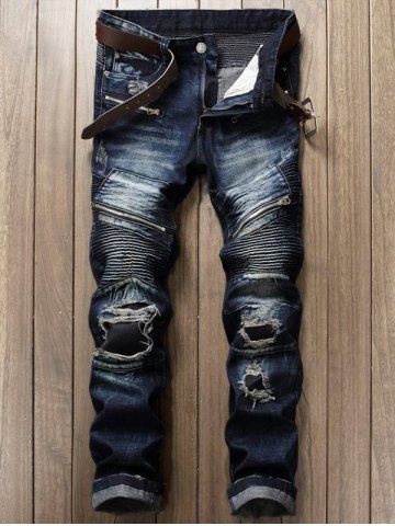 Discount Zipper Fly Patch Design Frayed Ripped Jeans DEEP BLUE 34