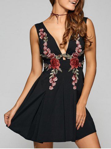 Sale Backless Embroidered Low Cut A Line Party Dress BLACK L