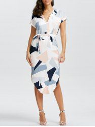 Short Sleeve Geometric Print Midi Dress