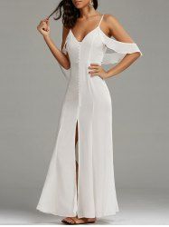 Cold Shoulder Long Backless Slit Prom Dress - WHITE L