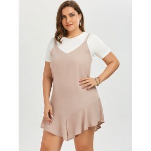 Plus Size Drop Waist Slip Dress and Plain T-shirt - APRICOT 5XL