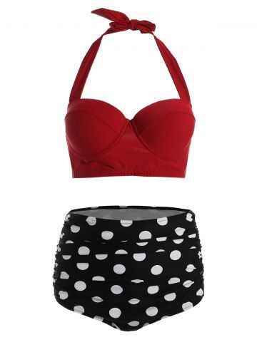 Chic Polka Dot Plus Size Halter High Waisted 50s Bikini RED 2XL