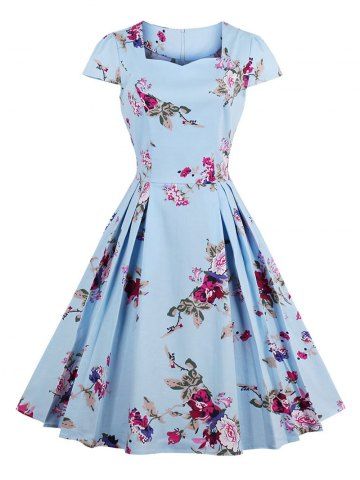 Sale Vintage Floral Print A Line Pleated Dress BLUE M