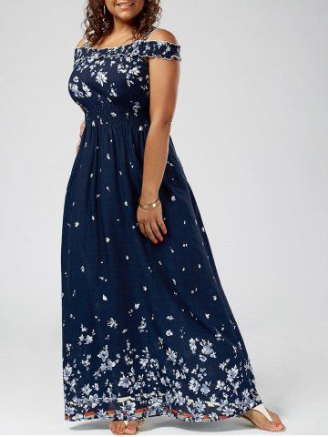 Trendy Floral Print Cold Shoulder Plus Size Maxi Dress DEEP BLUE XL