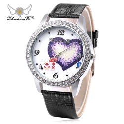 ZhouLianFa Female Quartz Watch Artificial Diamond Heart Pattern Dial Leather Band Wristwatch