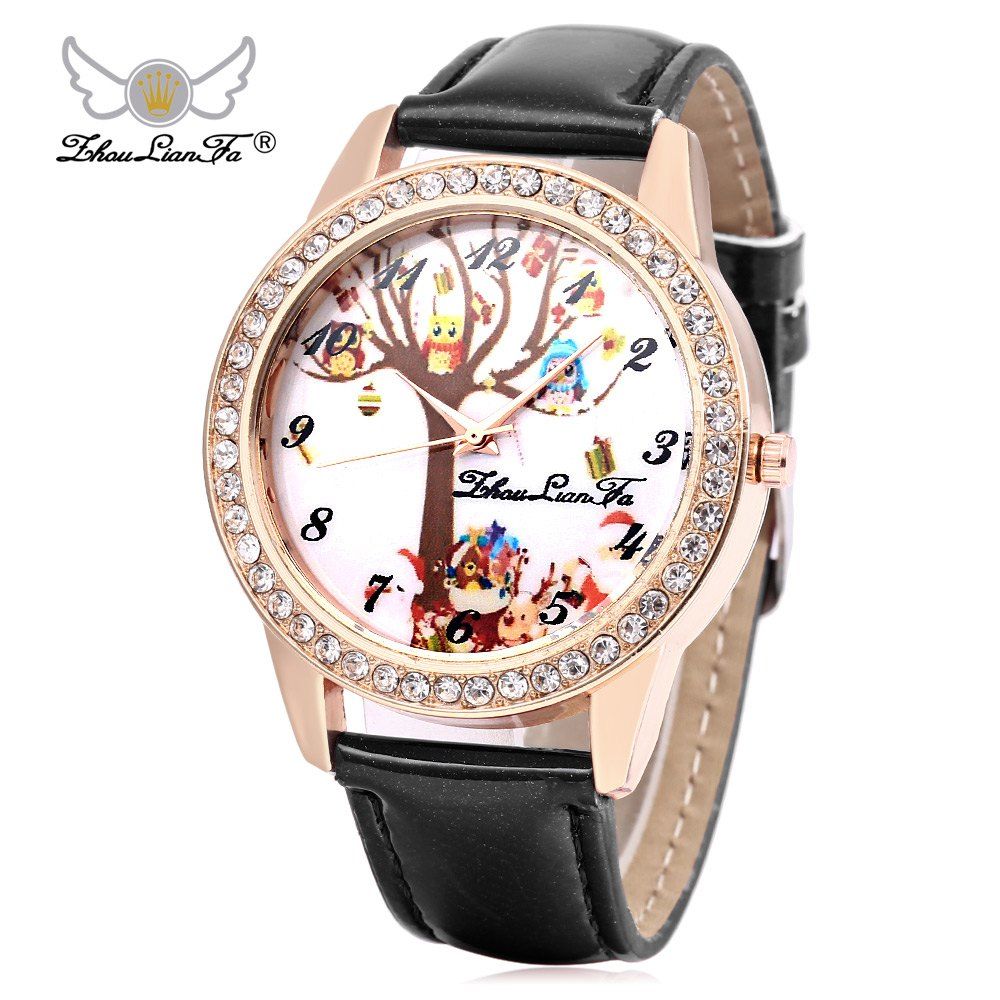 ZhouLianFa Women Quartz Watch Artificial Diamond Elk Pattern Dial Leather Band Wristwatch