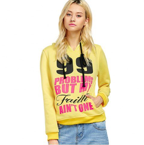 Online Casual Hooded Long Sleeve Drawstring Letter Print Women Hoodie YELLOW 2XL