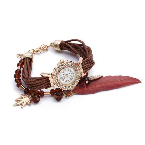 Shops FULAIDA Women Quartz Watch Rhinestone Feather Decoration Bangle Wristwatch BROWN 