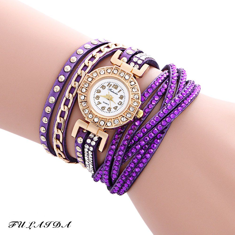 Fulaida Quartz Leather Band Female Rhinestone Watch Fashion Bracelet Wristwatch