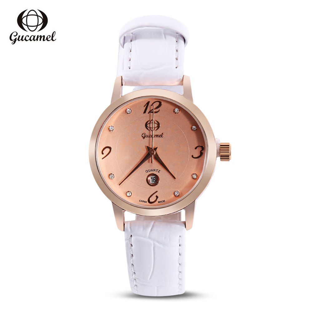 Gucamel BL061 Women Quartz Watch Rhinestone Date Display Leather Band Wristwatch